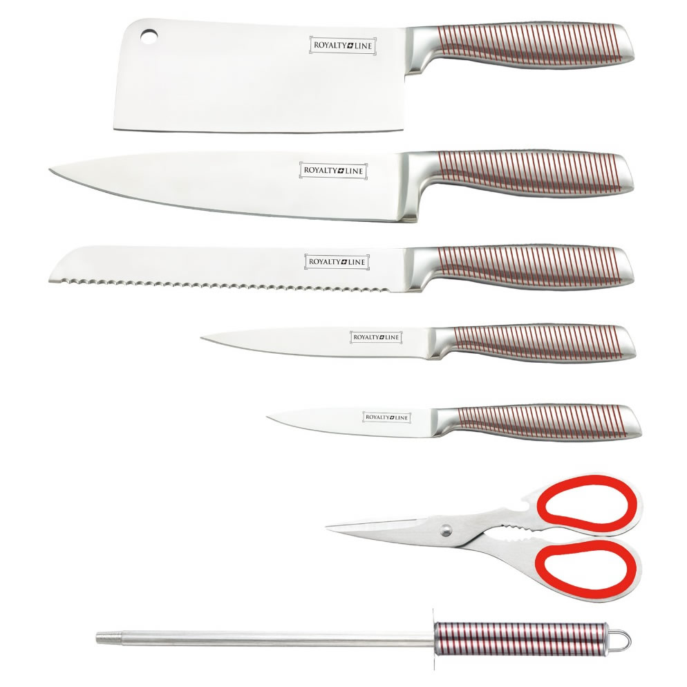 Set de 5 couteaux en Inox avec ciseau, fusil et support pivotant - rouge Royalty Line cuisine au maroc accessoire pour la cuisine vente en ligne beloccasion maroc