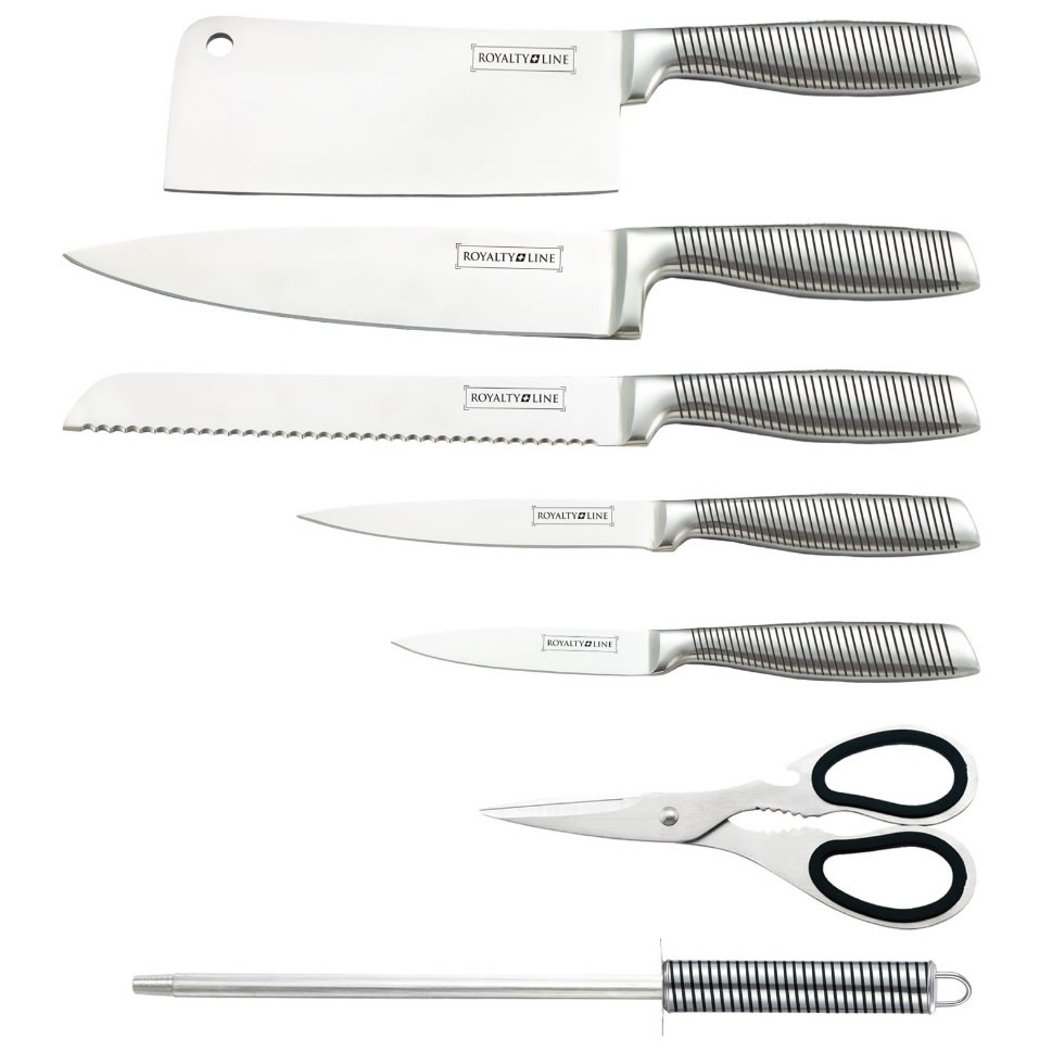 Set de 5 couteaux en Inox avec ciseau, fusil et support pivotant - Royalty Line cuisine au maroc accessoire pour la cuisine vente en ligne beloccasion maroc